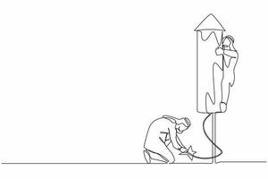 Single one line drawing Arab businessman ignites firework rocket while his teammates prepare to fly on the rocket. Business leadership metaphor. Continuous line draw design graphic vector illustration