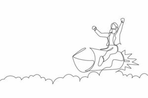 Single continuous line drawing businesswoman riding a rocket through the sky, concept for business success or innovation. Minimalist metaphor. Dynamic one line draw graphic design vector illustration