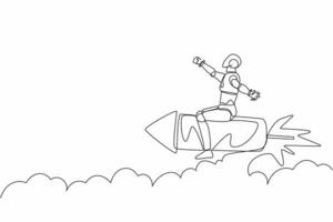 Single one line drawing robot flying high riding firework rocket. Future technology development. Artificial intelligence machine learning processes. Continuous line design graphic vector illustration