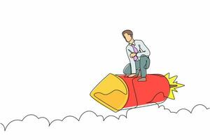 Continuous one line drawing active businessman riding firework rocket through the sky. Ready for launch business innovation and winning competition. Single line draw design vector graphic illustration