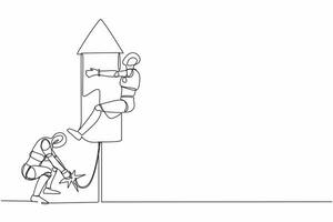 Single one line drawing robot ignite firework rocket while his teammates prepare to fly on the rocket. Modern robotic artificial intelligence. Continuous line draw design graphic vector illustration