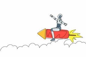 Single one line drawing robot flying high riding firework rocket. Future technology development. Artificial intelligence machine learning processes. Continuous line design graphic vector illustration