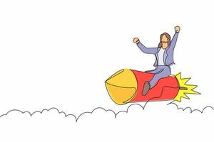 Single continuous line drawing businesswoman riding a rocket through the sky, concept for business success or innovation. Minimalist metaphor. Dynamic one line draw graphic design vector illustration