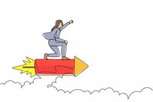 Continuous one line drawing of attractive businesswoman flying high riding firework rocket. Ready to transformation and launching new idea startup business. Single line draw design vector illustration