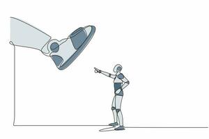 Single continuous line drawing robot facing against giant shoes stomping. Robot pointing against giant foot step. Modern robotic artificial intelligence. One line graphic design vector illustration