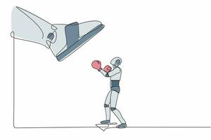 soltero uno línea dibujo robot puñetazos uppercut debajo grande pie pisar muy fuerte. robot en contra autoritario o ira jefe. futuro tecnología desarrollo. continuo línea dibujar diseño gráfico vector ilustración