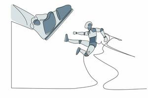 Continuous one line drawing robot kick giant foot stomp. Robot doing flying kick to big boot. Humanoid cybernetic organism. Future robotic development. Single line design vector graphic illustration