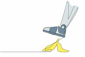 Continuous one line drawing robot leg step on business banana peel. Imminent danger, banana peel underfoot. Business risk. Humanoid robotic cybernetic organism. Single line design vector illustration