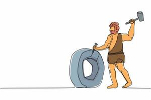 Single one line drawing caveman inventing the wheel. Prehistoric primitive people composition with ancient human trundling wheel made of stone. Continuous line draw design graphic vector illustration