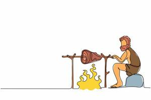 Continuous one line drawing stone age man sitting, cooking meat food on campfire. Prehistoric man sitting, cooking meat on bonfire. Ancient human. Single line draw design vector graphic illustration