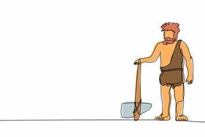 un solo hombre de las cavernas de dibujo de una línea de pie y sosteniendo un hacha de piedra. hombre barbudo prehistórico vestido con pieles de animales. cazador de neandertales. humano antiguo. ilustración de vector gráfico de diseño de línea continua