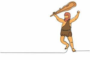 Continuous one line drawing caveman holding and raised cudgel overhead. Man hunting an ancient animal with cudgel, prehistoric male with weapon. Single line draw design vector graphic illustration