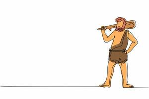 Single continuous line drawing prehistoric man holding cudgel on shoulders. Stone age primitive man in animal hide pelt with big wooden club. Dynamic one line draw graphic design vector illustration