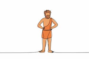 Single continuous line drawing prehistoric man standing with hands on waist pose. Prehistoric bearded man, primitive stone age caveman in animal pelt. One line draw graphic design vector illustration