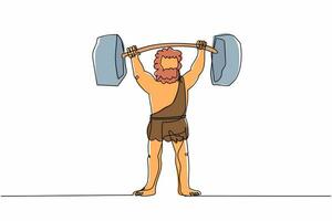 Single continuous line drawing prehistoric man lifting barbell stone. Weightlifter caveman from stone age. Man keeping fit by weight lifting. Dynamic one line draw graphic design vector illustration