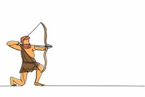 dibujo de una sola línea continua hombre primitivo cazar animales. cazador de la edad de piedra cazando animales antiguos con flecha de arco, hombre de las cavernas del período prehistórico con arma. ilustración de vector de diseño de dibujo de una línea