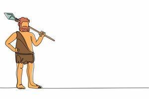 Single one line drawing caveman holding stone spear on shoulders. Primitive person hunt. Stone age hunter. Prehistoric man hunting with stone spear. Continuous line design graphic vector illustration