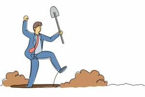 Single one line drawing excited businessman standing and holding shovel on dug ground. Happy office worker find treasures in dirt. Successful business. Continuous line draw design vector illustration