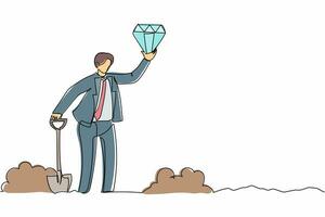 Single continuous line drawing wealthy businessman hold and find diamond from ground. Excited treasure seeker with precious stone in hand. Treasure hunting. One line graphic design vector illustration