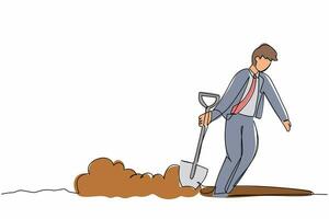 Single one line drawing unhappy businessman walking unsteadily leaving hole dug dragging shovel. Exhausted office worker gave up and stopped trying. Continuous line design graphic vector illustration