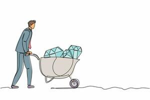 Continuous one line drawing happy businessman pushing cart full of diamonds. Wheelbarrow with golds, jewelry, precious stone. Successful business. Single line draw design vector graphic illustration