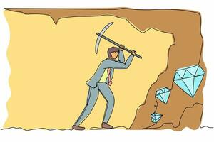 un solo dibujo de una línea hombre de negocios activo cavando con pico para obtener diamantes. trabajador excavando y extrayendo diamantes en un túnel subterráneo. ilustración de vector gráfico de diseño de dibujo de línea continua