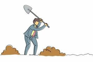 Single one line drawing active businessman digging in dirt using shovel. Office worker dig ground with spade. Treasure digging, growth wealth concept. Continuous line draw design vector illustration