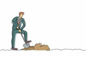 Single one line drawing positive businessman digging in dirt using shovel. Male manager in suit dig ground with spade. Hard working process. Continuous line draw design graphic vector illustration