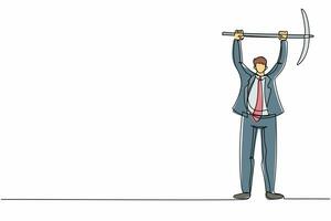 Single continuous line drawing young businessman standing and lifting big pickaxe. Depicts hard work, success, achievement, discovery. Success concept. One line draw graphic design vector illustration