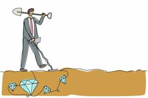 Single one line drawing businessman with shovel and metal detector looking for pile of diamonds. Worker treasure hunter finding precious stone. Continuous line draw design graphic vector illustration