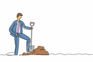 Single continuous line drawing businessman standing and holding shovel on dug ground. Man with excited expression find treasures in dirt. Successful business. One line draw design vector illustration