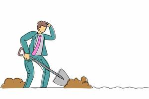 Continuous one line drawing tired businessman wipes sweat on his forehead while digging hole. Worker never give up on duty. Motivation of success. Single line draw design vector graphic illustration