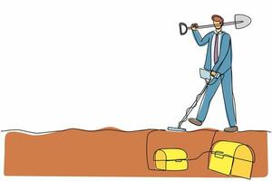 Continuous one line drawing businessman with shovel and metal detector looking for treasure chest. Worker treasure seeker finding precious jewel. Single line draw design vector graphic illustration