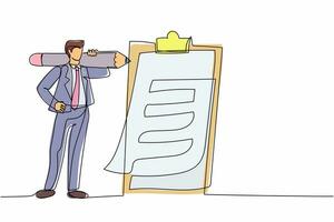 Continuous one line drawing positive businessman with giant pencil on shoulder nearby marked checklist clipboard paper. Successful completion of business tasks. Single line design vector illustration