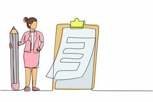 Single one line drawing businesswoman holding big pencil looking at completed checklist on clipboard. Successful completion goals achievements. Continuous line draw design graphic vector illustration