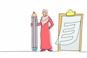 Single one line drawing Arab businesswoman with pencil, clipboard, checklist completed. Female worker holding big pencil looking at completed checklist. Continuous line draw design vector illustration
