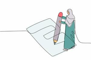 Single continuous line drawing Arab businesswoman writing survey form on the floor. Female manager filled out checklist on clipboard with giant pencil. One line draw graphic design vector illustration