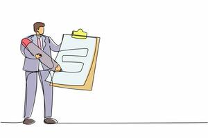 Continuous one line drawing businessman standing and holding clipboard with checklist. Business success completed plan. Goal achievements concept. Single line draw design vector graphic illustration