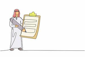 Single one line drawing Arab businessman standing and holding clipboard with checklist. Business success completed plan. Fulfilled tasks. Completed job. Continuous line draw design vector illustration