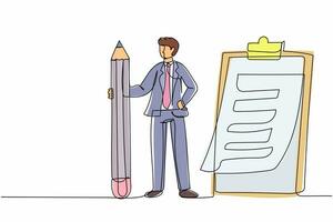 Continuous one line drawing businessman holding big pencil looking at completed checklist on clipboard. Successful completion business tasks goals. Single line draw design vector graphic illustration