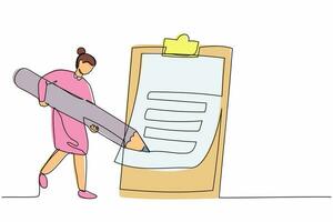 Continuous one line drawing businesswoman writing on clipboard with pencil. Person completion business task. Goal achievements planning schedule. Single line draw design vector graphic illustration