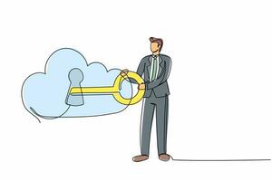 Continuous one line drawing businessman close on key in huge cloud. Cloud password lock security authentication. Online internet technology. Key cloud keyhole. Single line design vector illustration