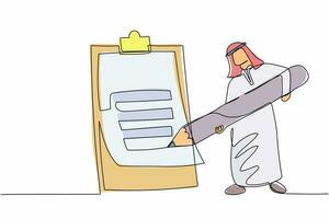 Single continuous line drawing Arabian businessman writing on clipboard with pencil. Male manager completion task. Goal achievements planning schedule. One line draw graphic design vector illustration