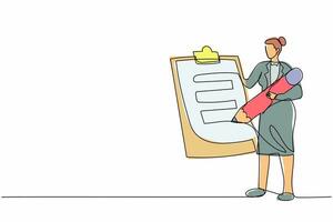 Single continuous line drawing businesswoman holding clipboard. Successfully completed checklist. Fulfilled tasks. Completed job. Business plan completed. One line graphic design vector illustration