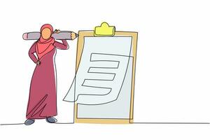 Single continuous line drawing Arab businesswoman with giant pencil on shoulder. Task done business, nearby clipboard complete checklist and check mark ticks. One line draw design vector illustration