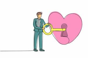 Single one line drawing businessman putting big key into heart. Young man try to unlock woman's heart. Metaphor love or marriage concept. Modern continuous line draw design graphic vector illustration