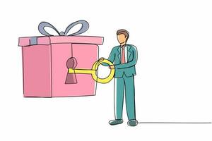 Single continuous line drawing happy businessman putting big key into gift box with ribbon. Unlock gift and confidential personal information concept. One line draw graphic design vector illustration