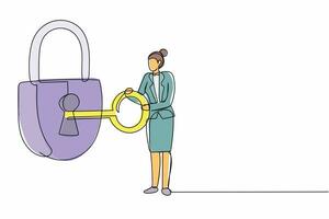 Single continuous line drawing businesswoman putting big key into padlock. Security, safety, private property protection. Secrecy, secure protecting. One line draw graphic design vector illustration