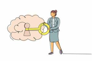 una empresaria de dibujo de una línea continua puso la llave en el cerebro. concepto de mente abierta. cuidado de la salud mental, psicología. metáfora de la filosofía, personalidad. ilustración gráfica de vector de diseño de dibujo de una sola línea