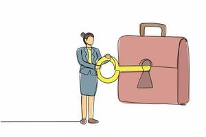 Single continuous line drawing businesswoman put key into briefcase. Professional manager style. Invest portfolio, stock market management trading strategy. One line draw design vector illustration